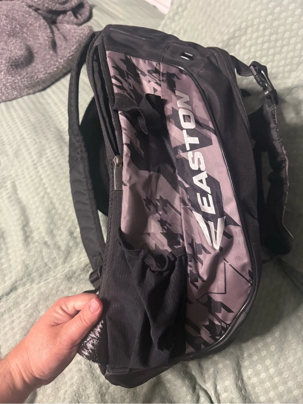 Black Baseball Bat Backpack with Subtle Gray Camo Accents